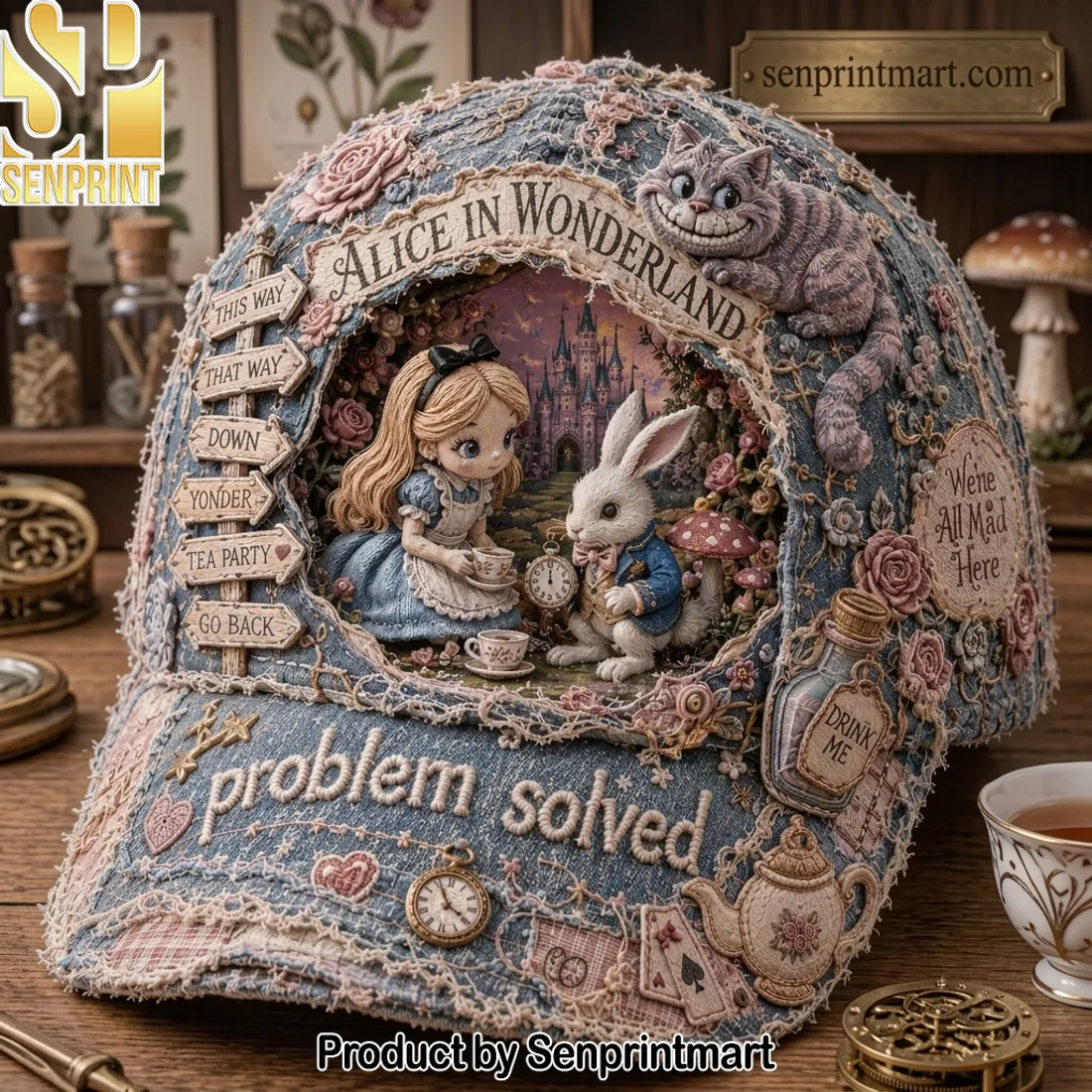 Alice in Wonderland “problem solved” Vintage 3D Embroidered Baseball Cap