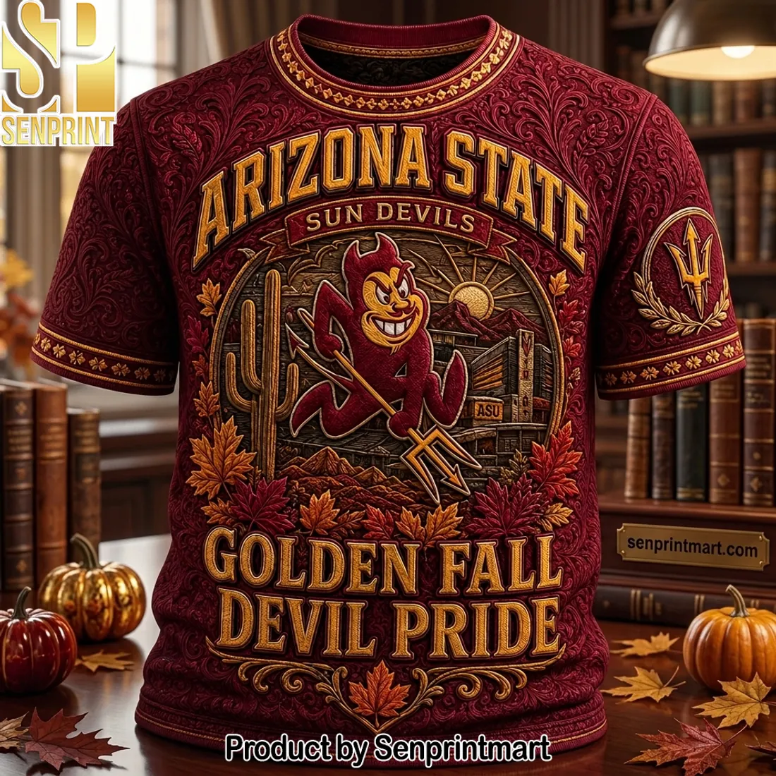 Arizona State Sun Devils Golden Fall Devil Pride 3D Embossed T-Shirt