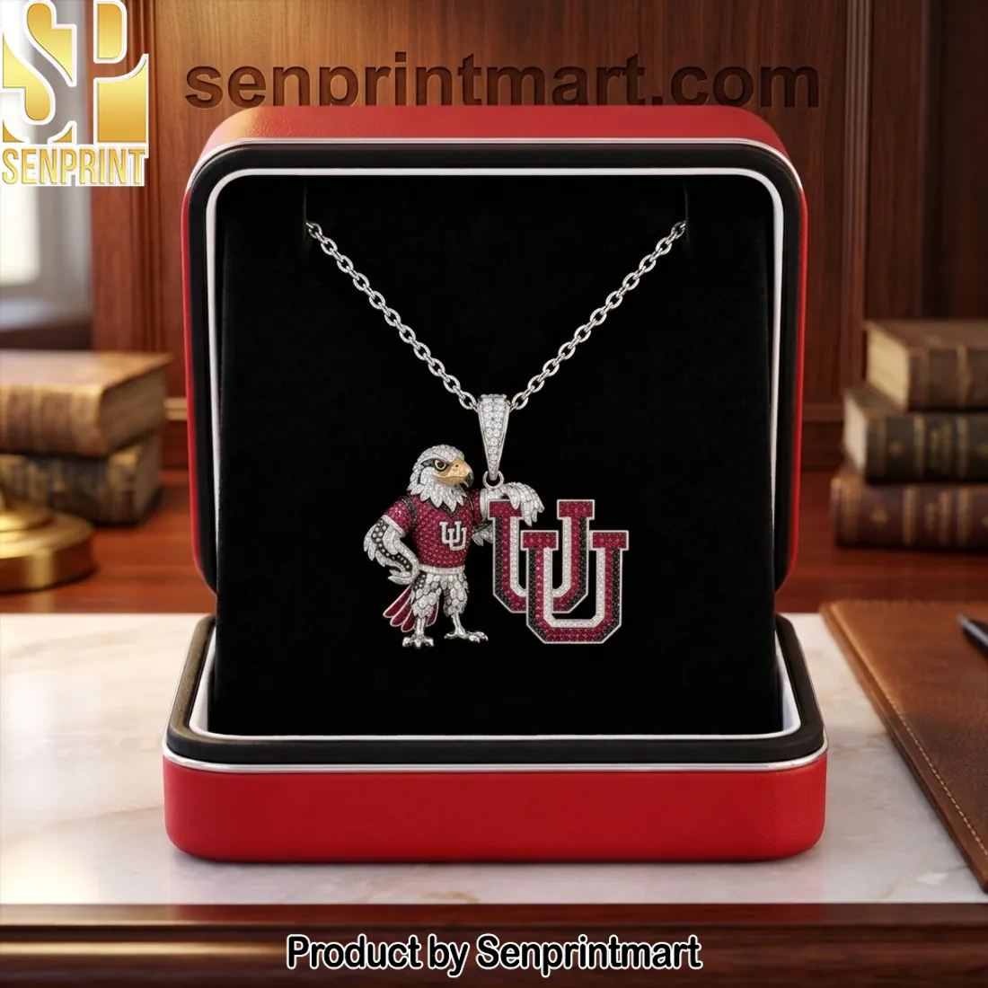 Eagle Mascot IU & Interlocking UU Letter Diamond Necklace