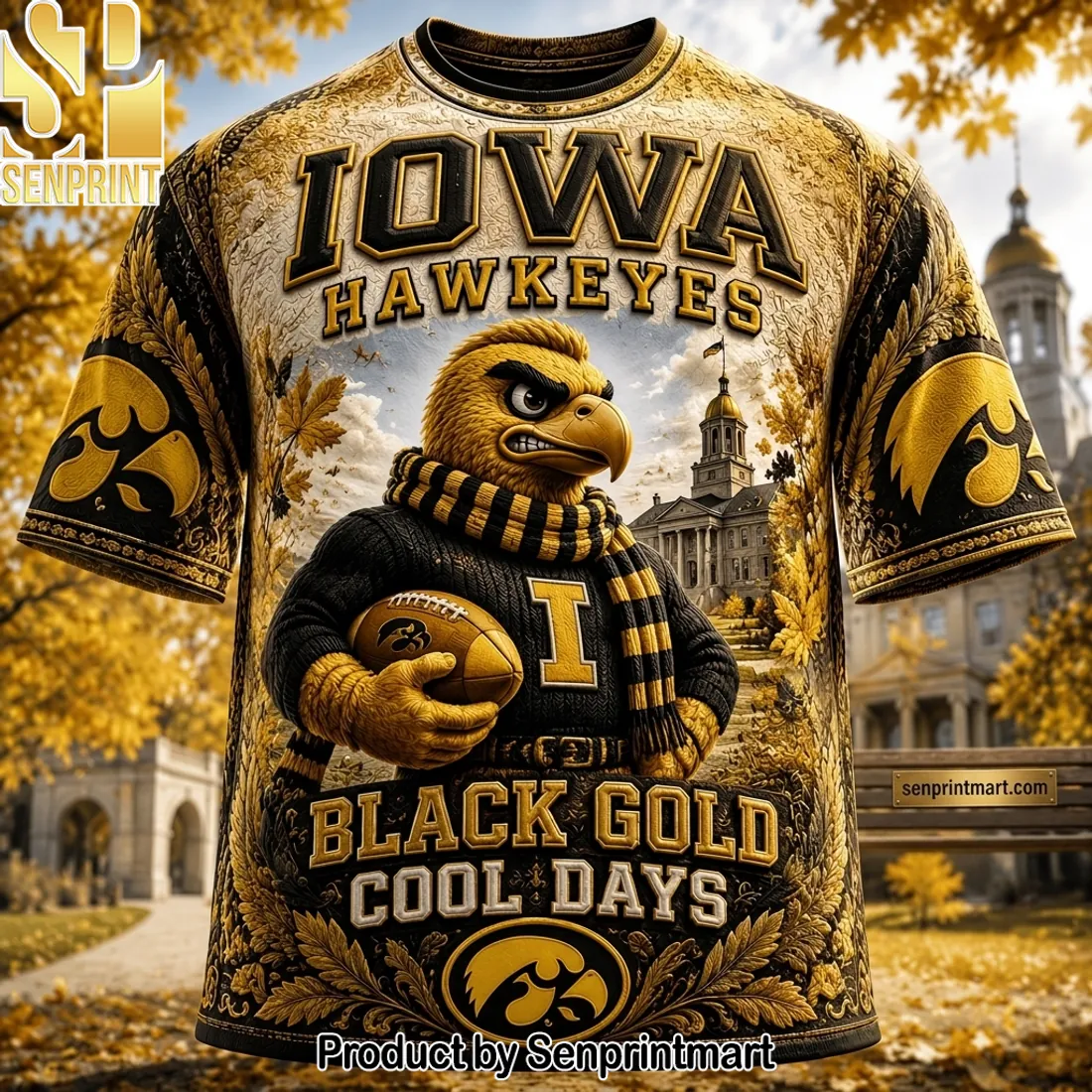 Iowa Hawkeyes Black Gold Cool Days 3D Embossed T-Shirt