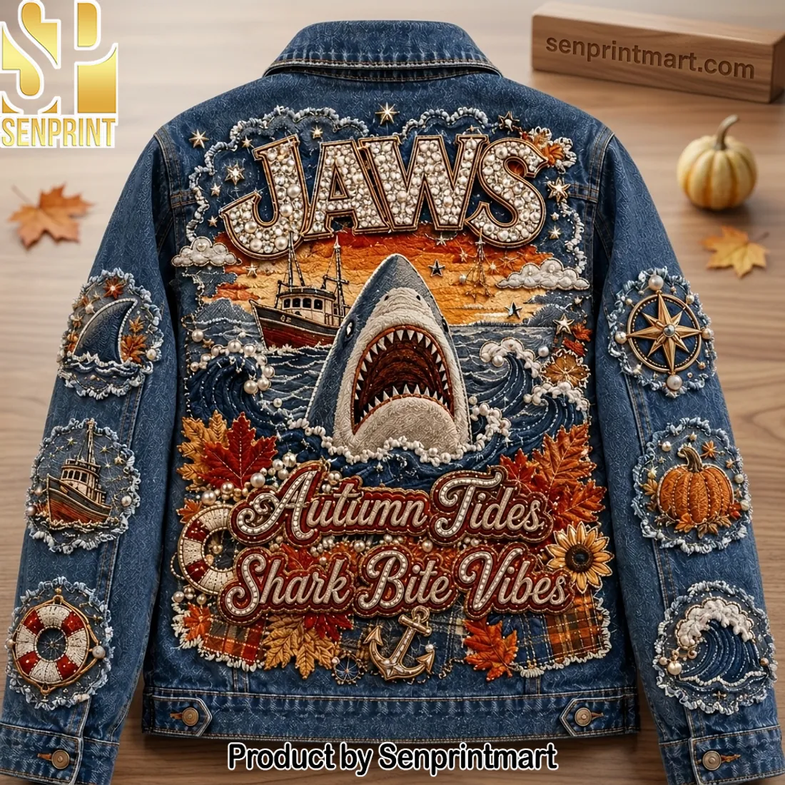 Jaws Autumn Tides Shark Bite Vibes Embroidered Denim Jacket