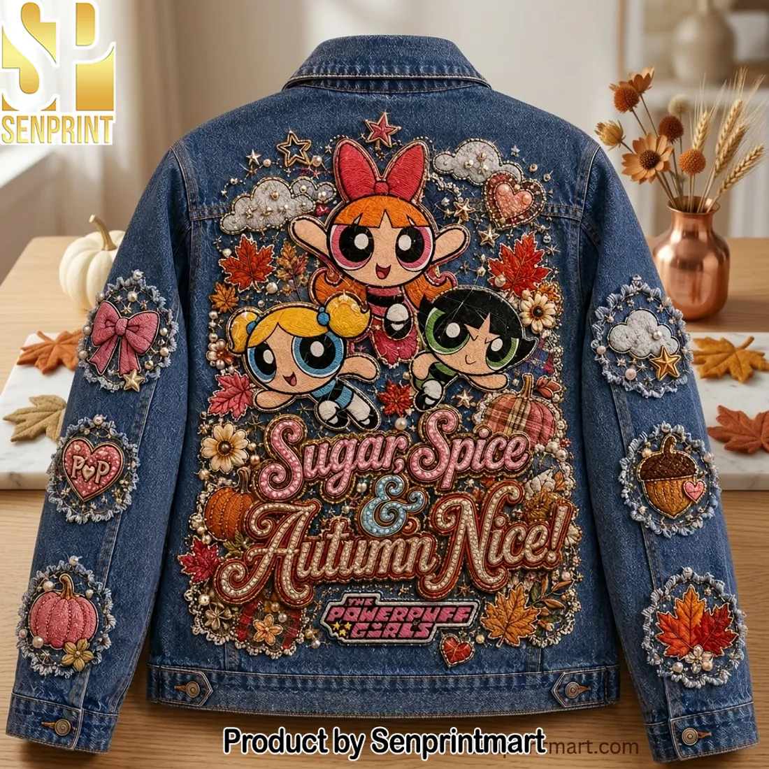 The Powerpuff Girls Sugar Spice And Autumn Nice Embroidered Denim Jacket