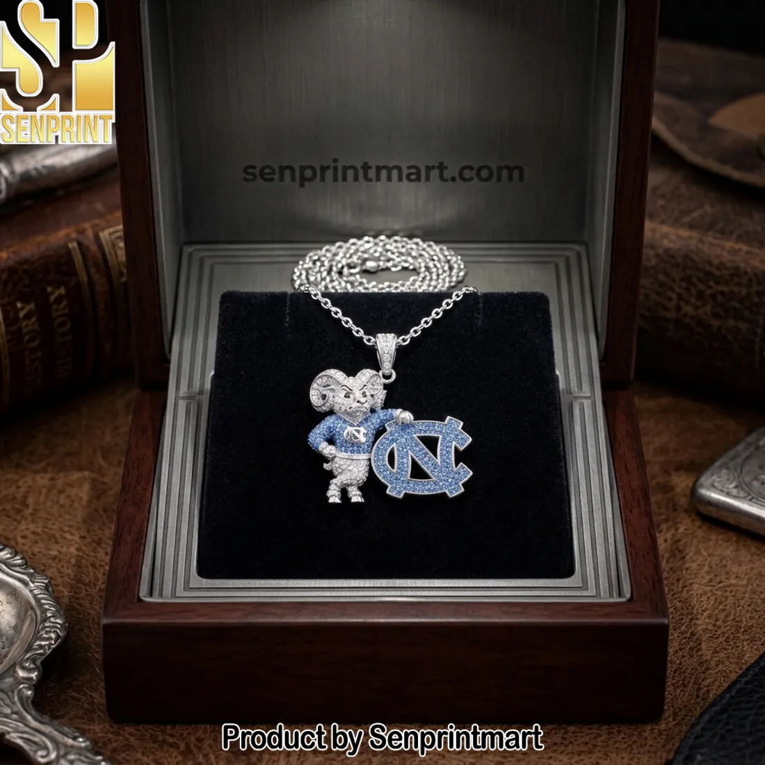 UNC Tar Heels Rameses Mascot Iced Out Silver Pendant Necklace