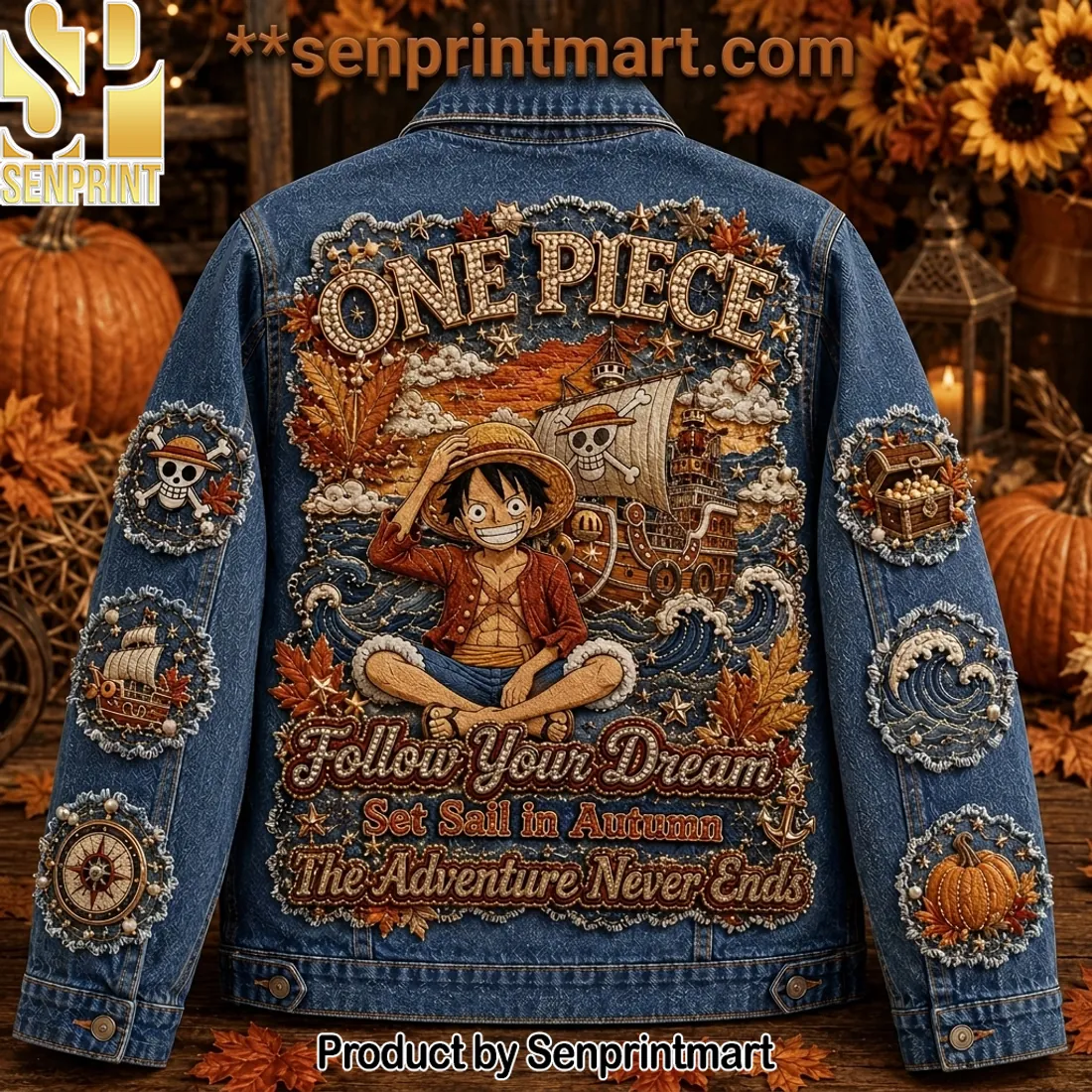 One Piece Luffy Premium Autumn Embroidered Denim Jacket