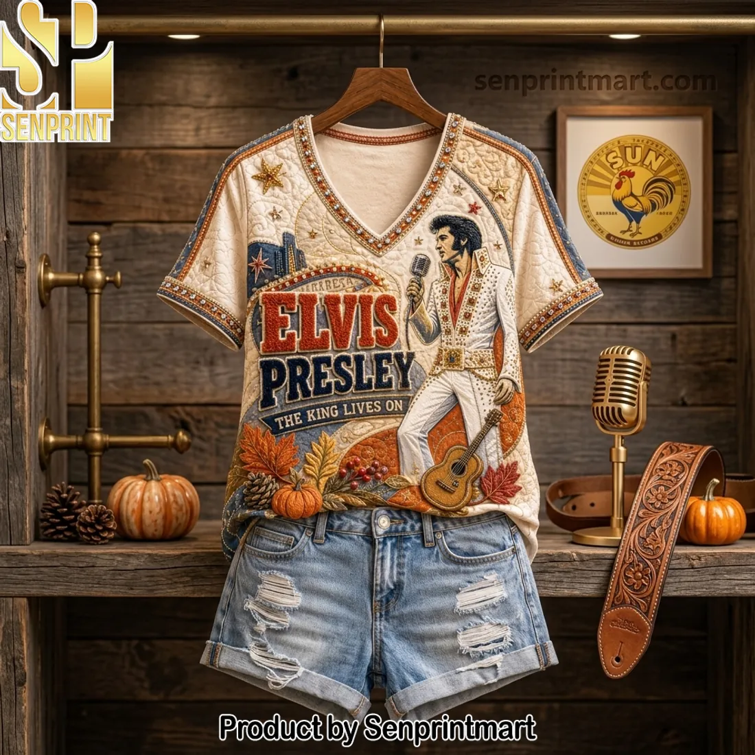 Elvis Presley The King Lives On Premium Quilted V-neck Shirt