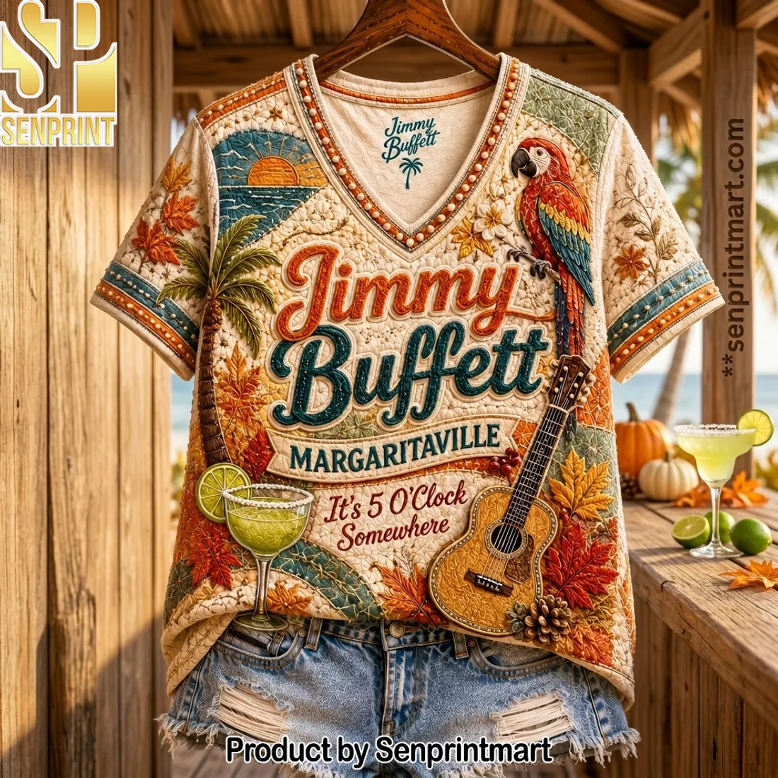 Jimmy Buffett Margaritaville It’s 5 O’Clock Somewhere Tropical V-neck Shirt