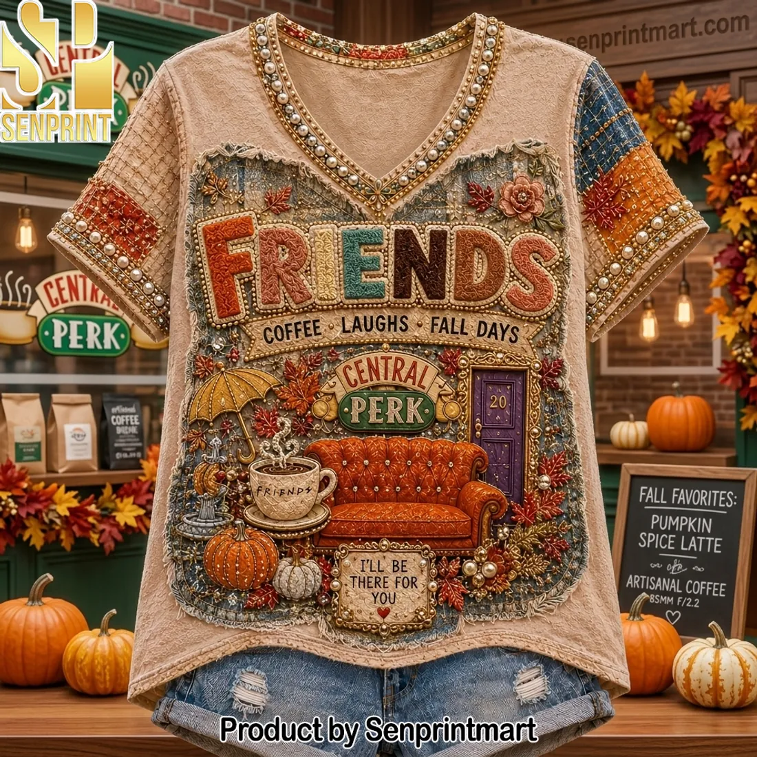 Friends Central Perk Coffee Laughs Fall Days Premium Beaded V-neck Shirt