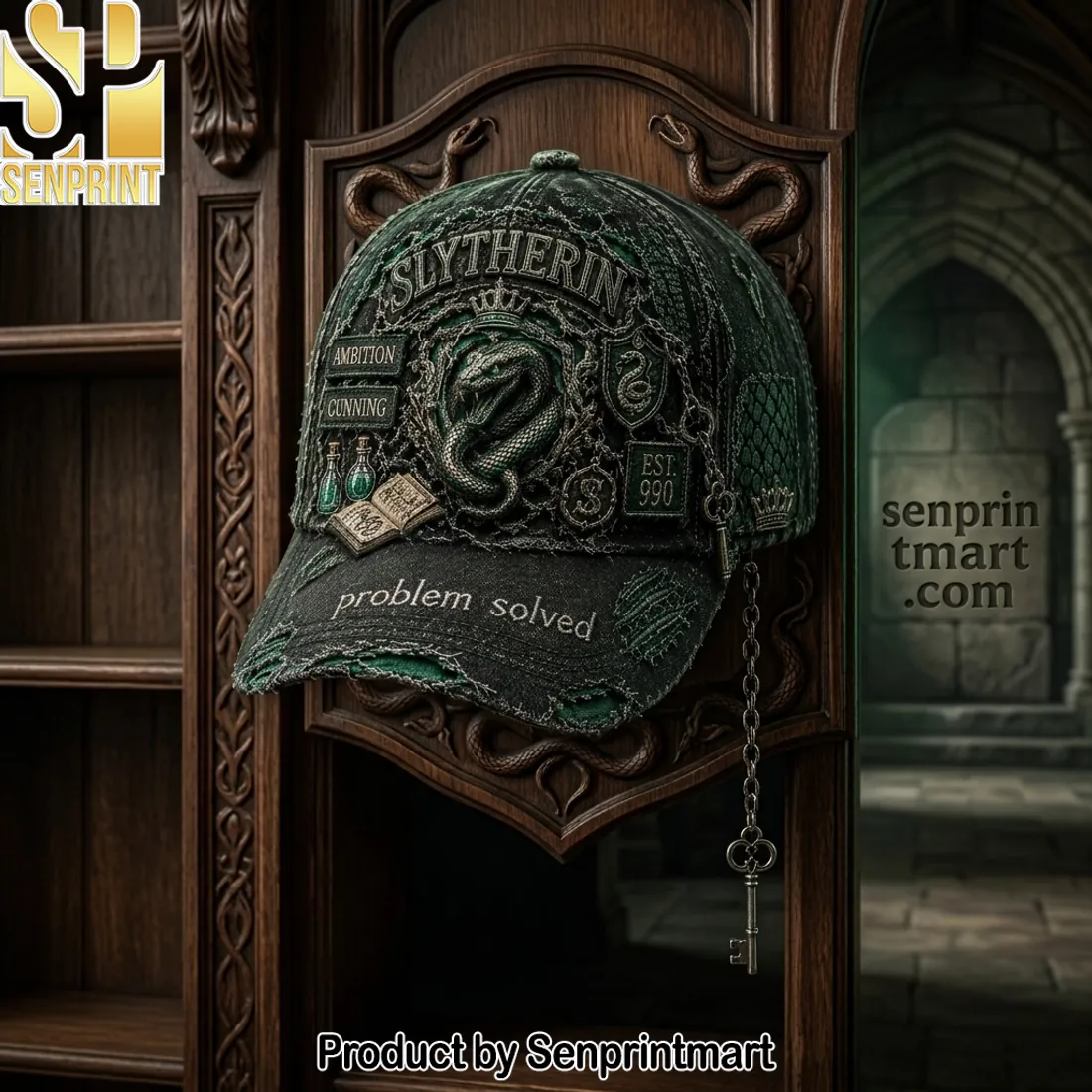 Slytherin Distressed Embroidered ‘Problem Solved’ Baseball Cap