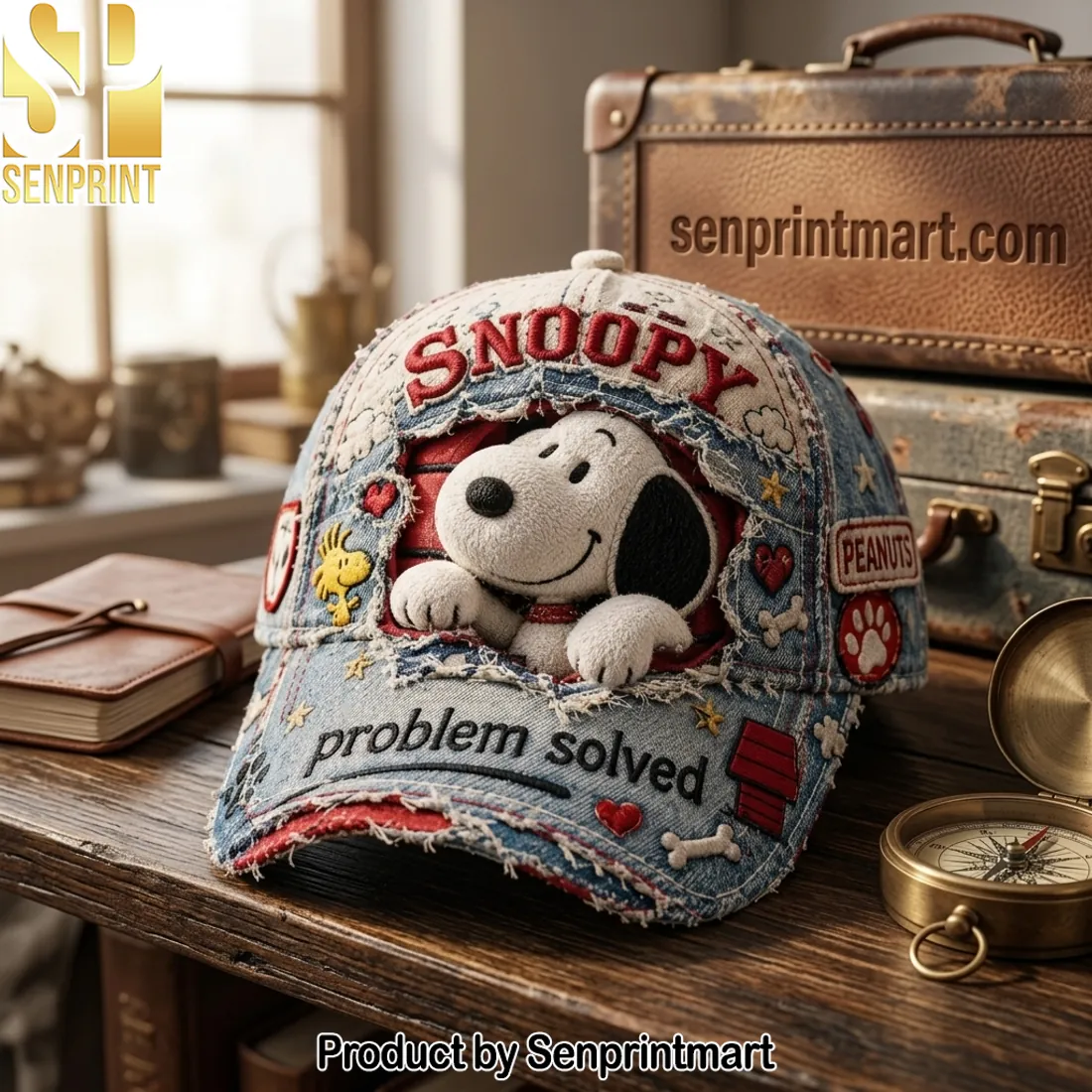 Snoopy Problem Solved Distressed Denim Vintage Cap