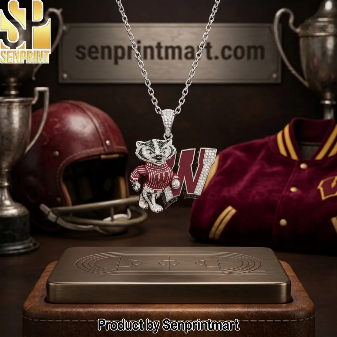 Wisconsin Badgers Bucky Badger Iced Out Crystal Pendant Necklace