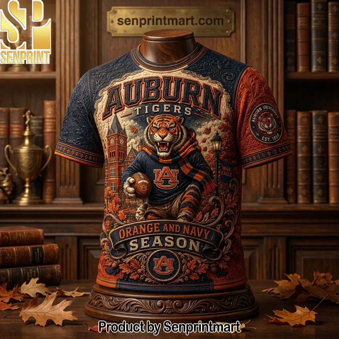 Auburn Tigers Orange and Navy Season Vintage 3D Embossed T-Shirt