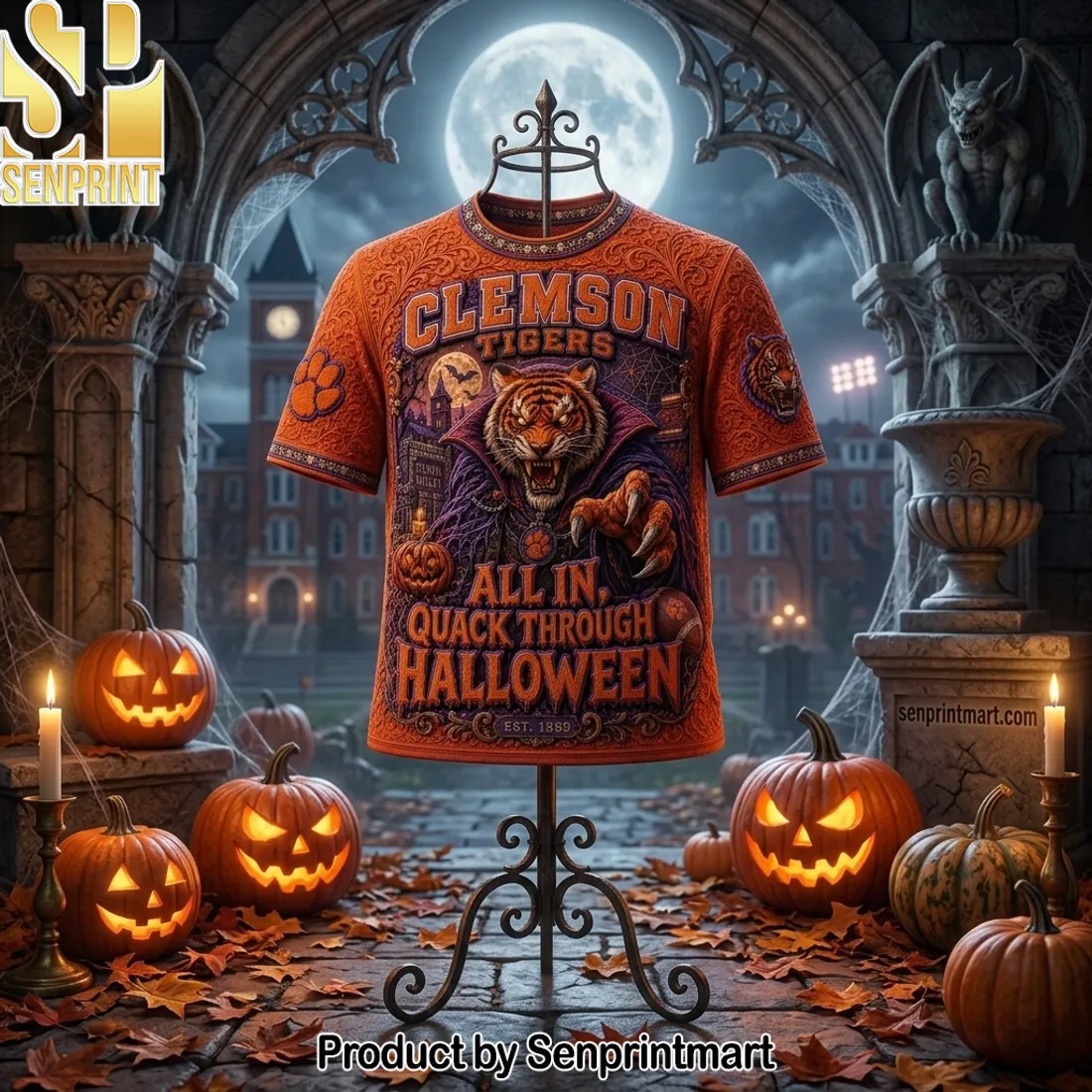Clemson Tigers All In Halloween Spooky Vampire Orange 3D Embossed Shirt