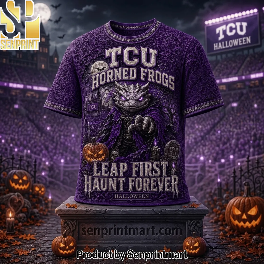 TCU Horned Frogs Leap First Haunt Forever 3D Emboss Halloween T-Shirt