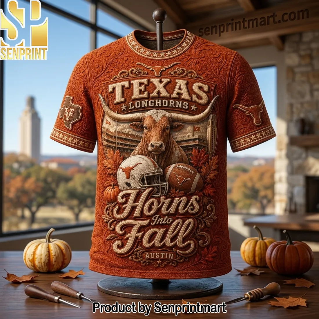 Texas Longhorns Horns Into Fall 3D Embossed Burnt Orange T-Shirt