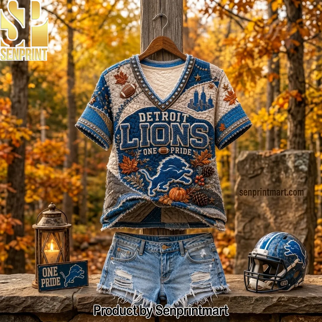 Detroit Lions One Pride Quilted Patchwork Style V-Neck Shirt