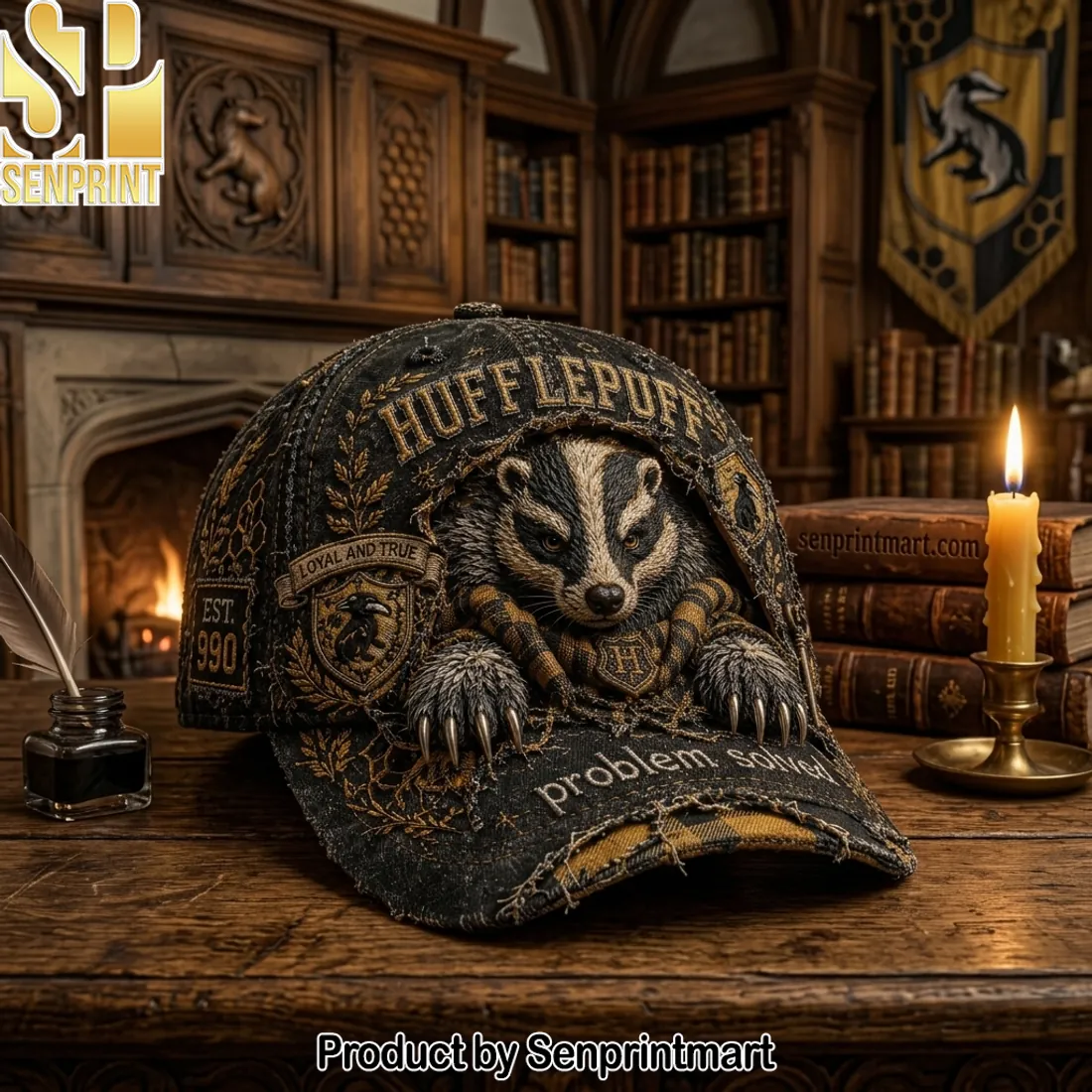 Hufflepuff Loyal and True Vintage Distressed 3D Badger Baseball Cap