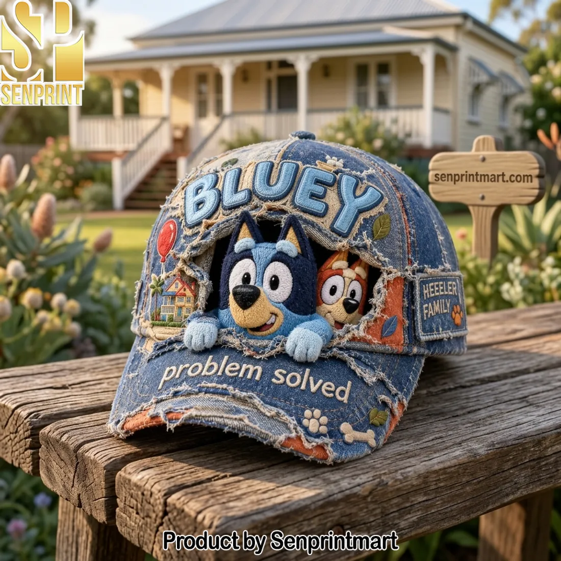 Bluey 3D Embroidered Distressed Denim “Problem Solved” Baseball Cap