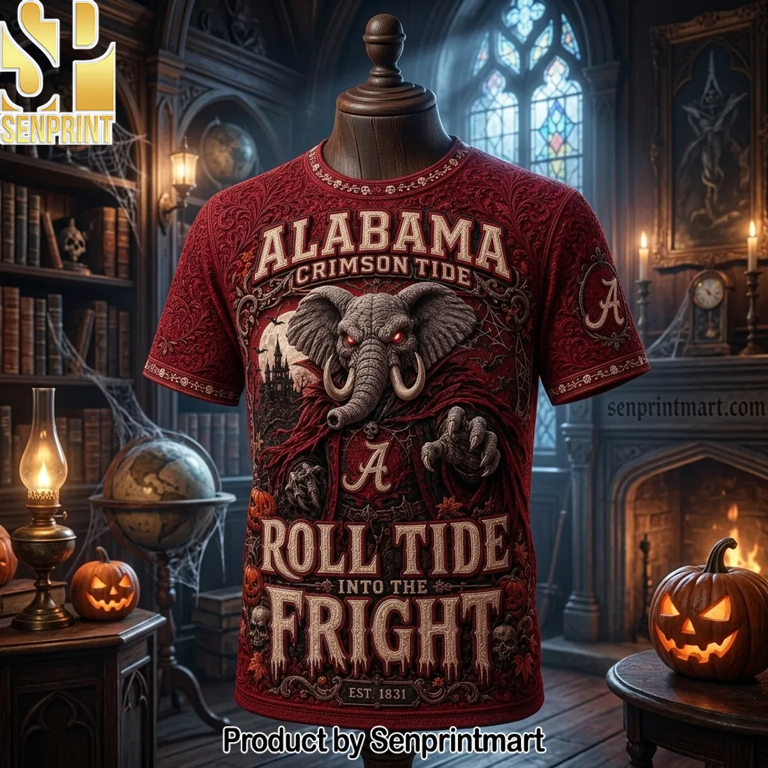 Alabama Crimson Tide Roll Tide Into The Fright Halloween 3D T-Shirt