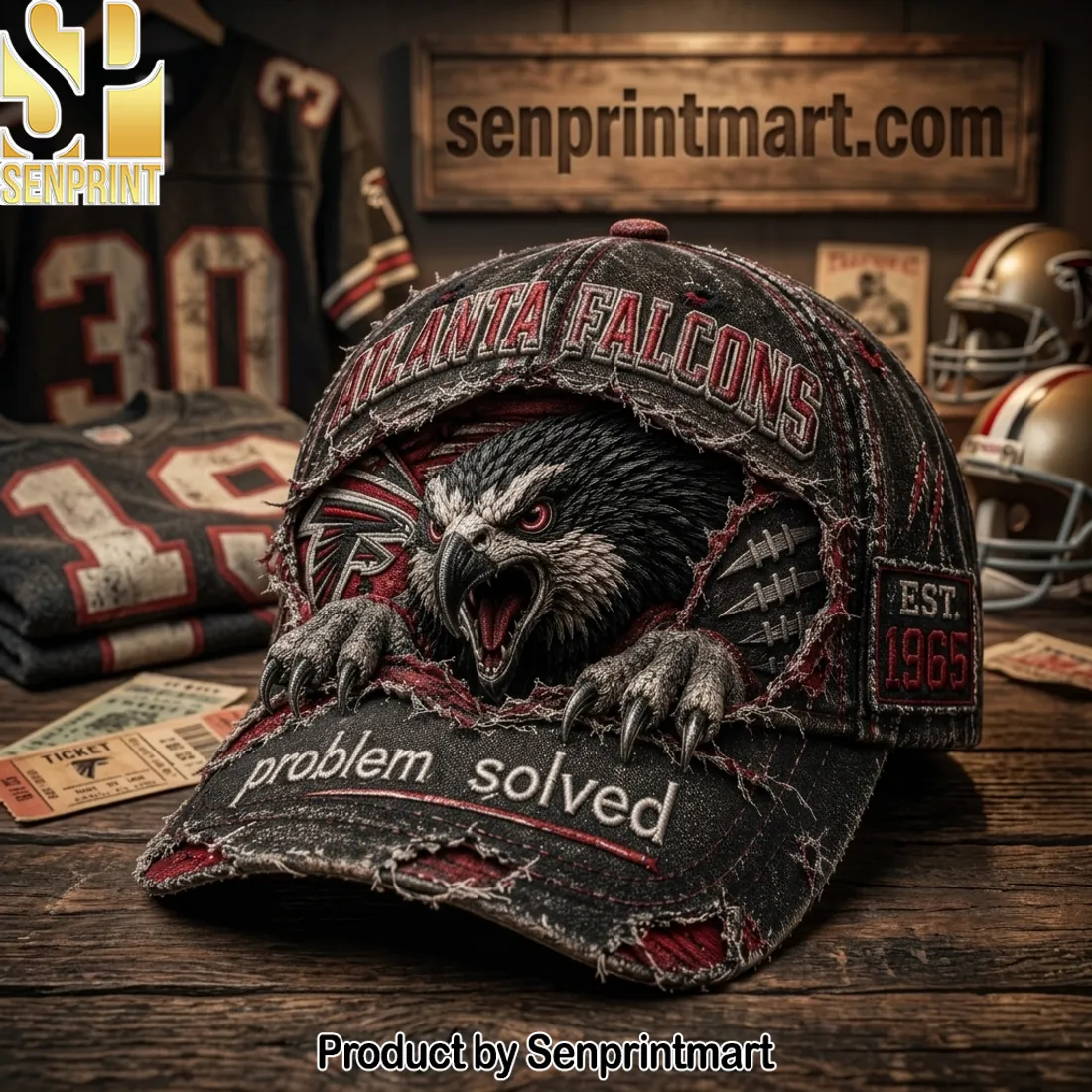 Atlanta Falcons Distressed 3D Falcon ‘Problem Solved’ Baseball Cap