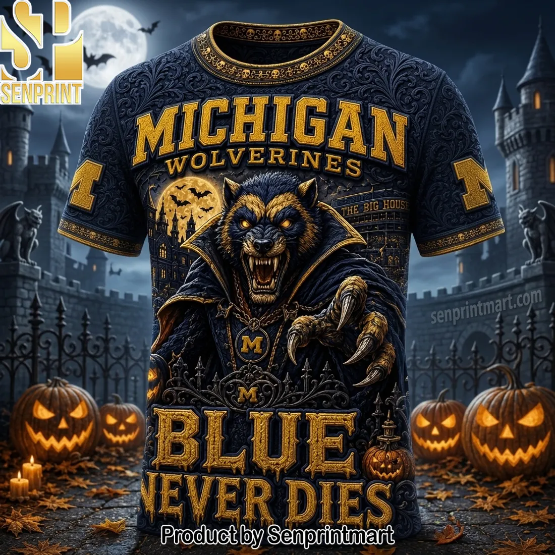Michigan Wolverines Blue Never Dies Halloween Werewolf 3D Graphic T-Shirt