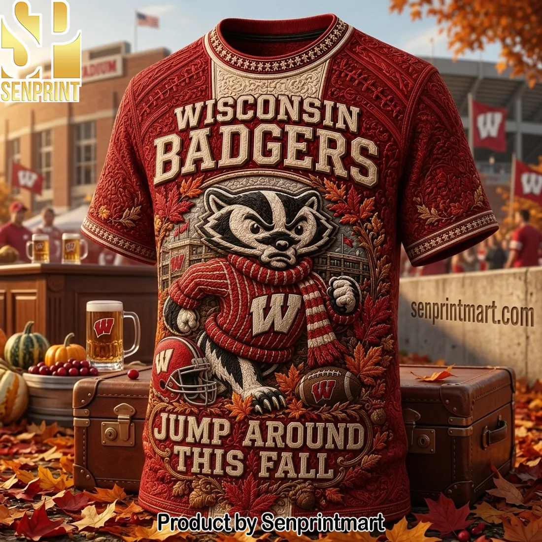 Wisconsin Badgers Jump Around This Fall Premium 3D T-Shirt