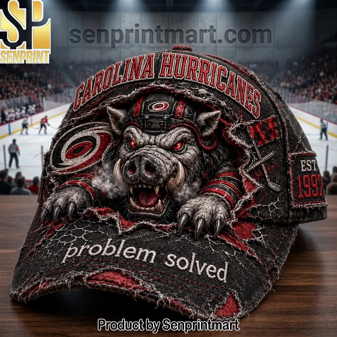 Carolina Hurricanes 3D Wild Boar “Problem Solved” Distressed Baseball Cap