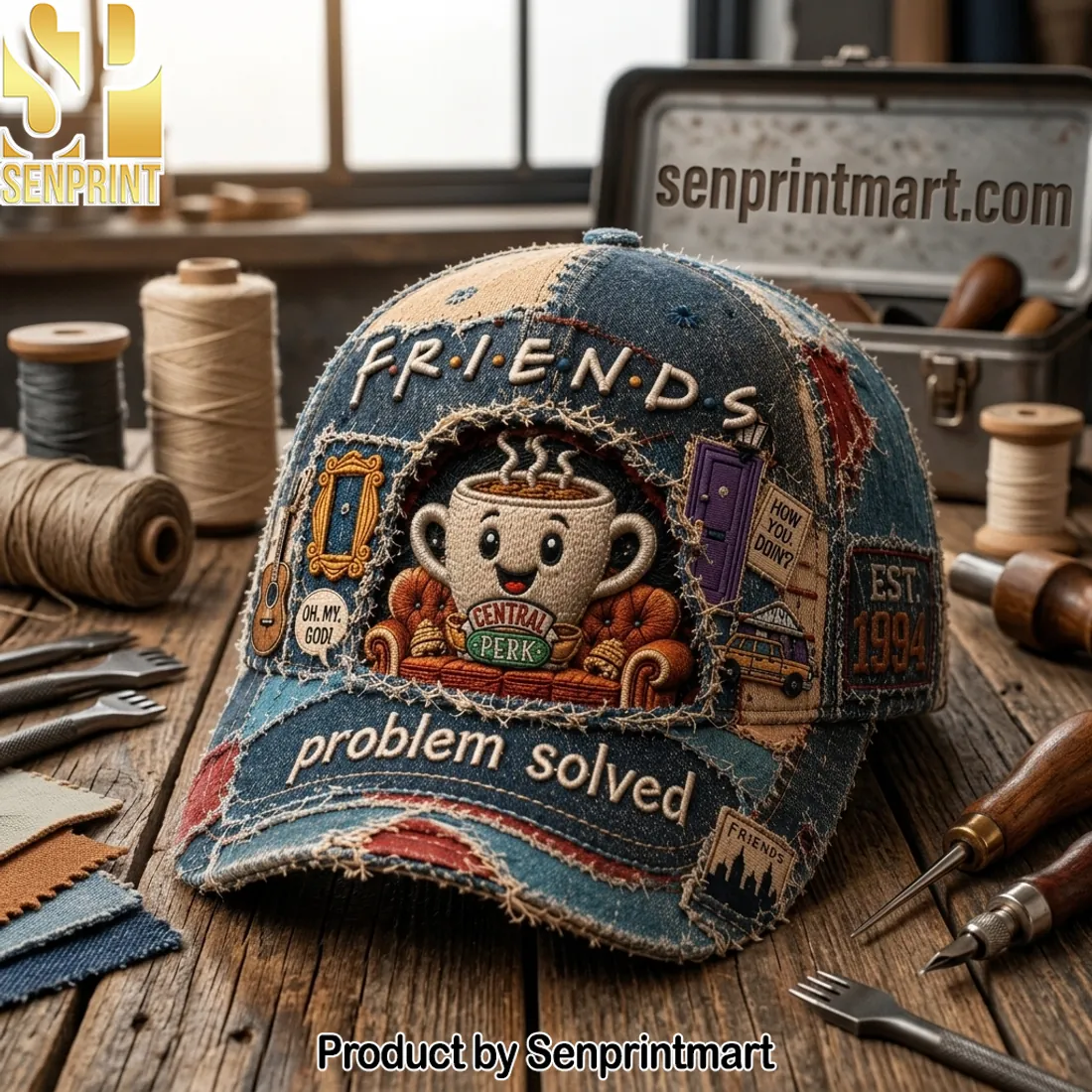 Friends Central Perk Distressed Patchwork Denim Vintage Cap
