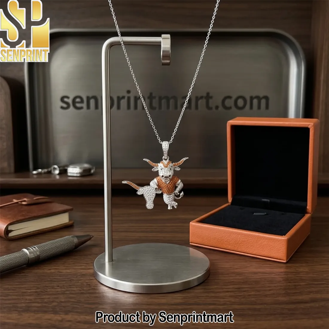 Texas Longhorns Bevo Mascot Iced Out Silver Pendant Necklace