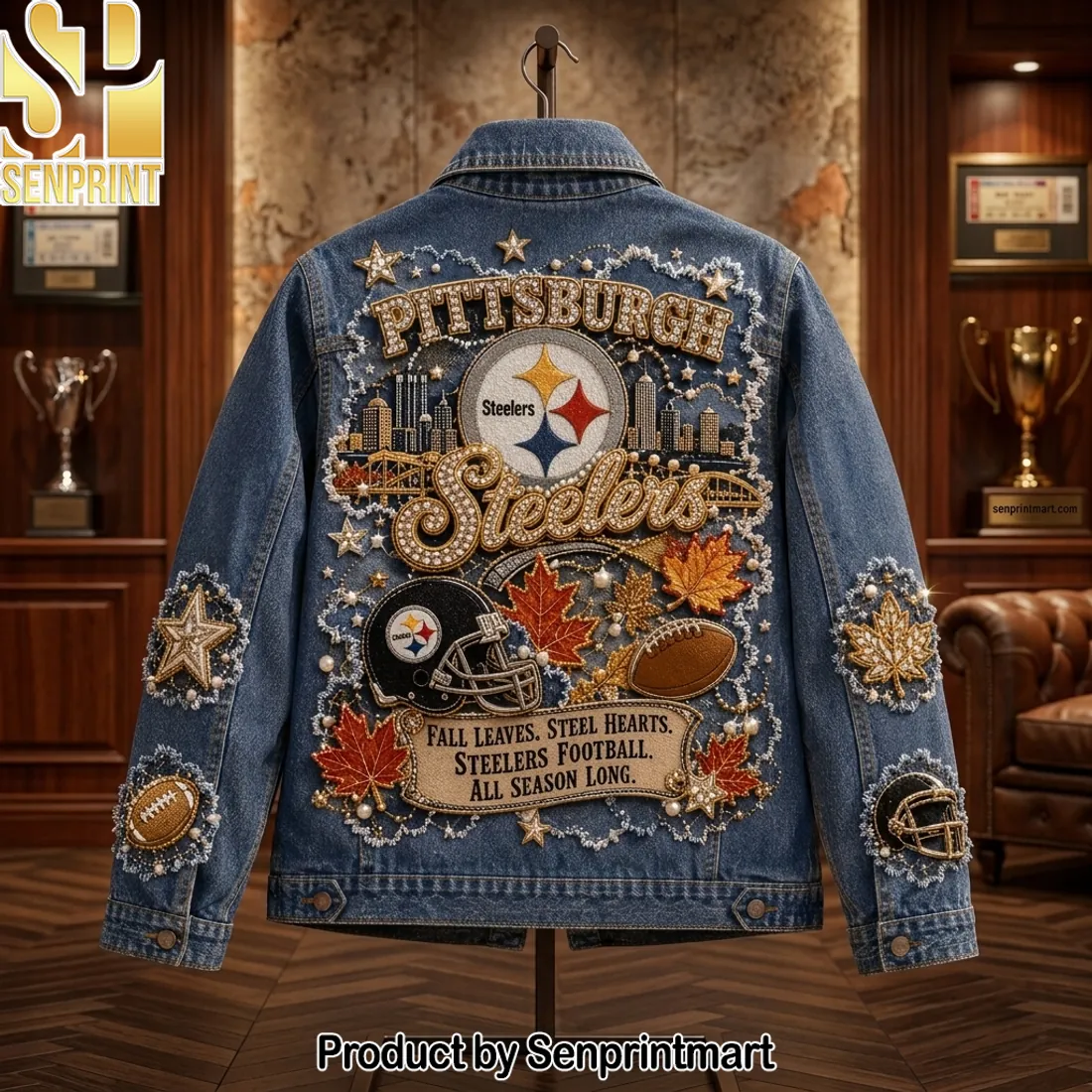 Pittsburgh Steelers Premium Rhinestone Fall Leaves Denim Jacket