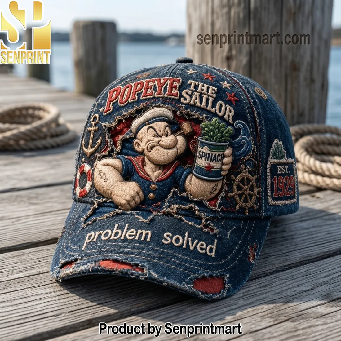 Popeye The Sailor “Problem Solved” Vintage Distressed Denim Baseball Cap