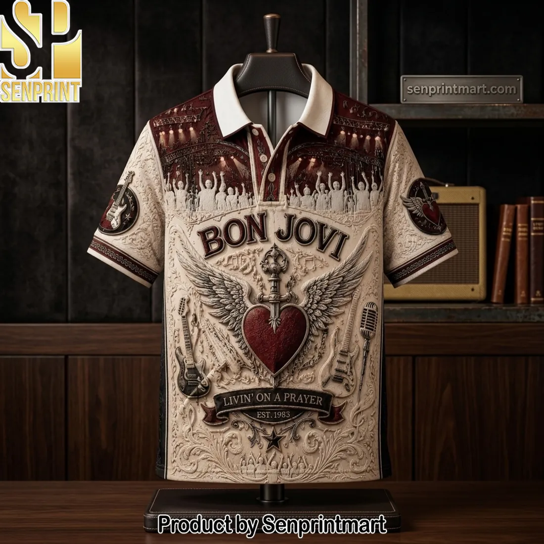 Bon Jovi Livin’ On A Prayer Embossed Premium Polo Shirt