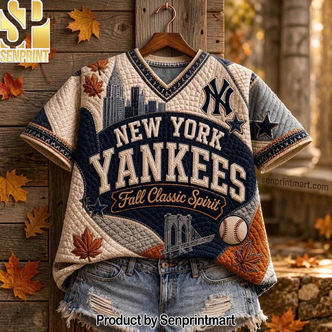 New York Yankees Fall Classic Spirit Quilted Print V-Neck Shirt