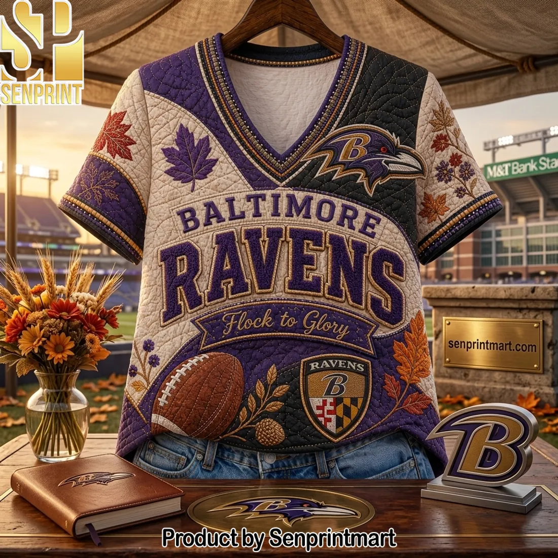 Baltimore Ravens Flock to Glory Autumn Quilted Premium V-Neck Shirt