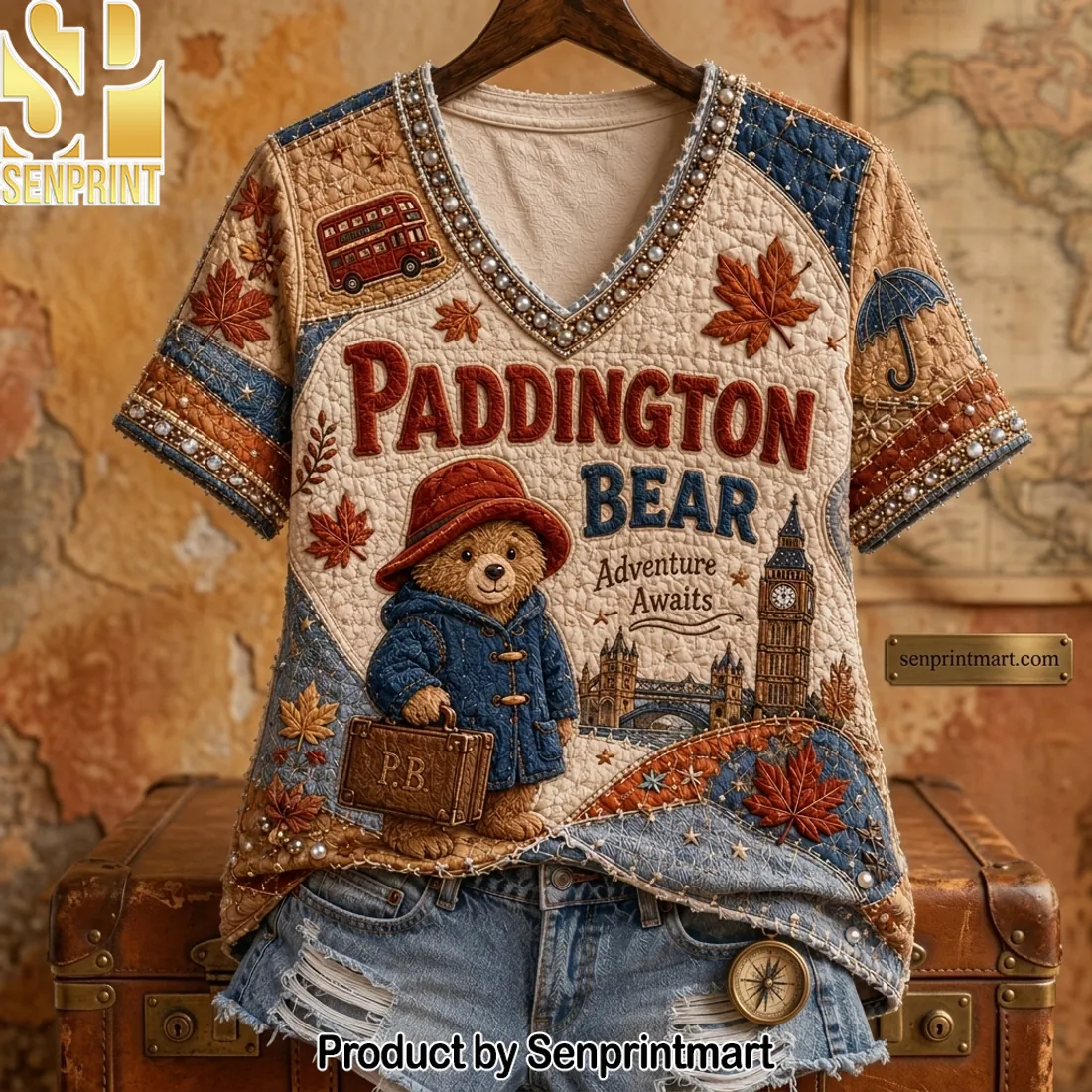 Paddington Bear Quilted UK Landmarks V-neck Shirt