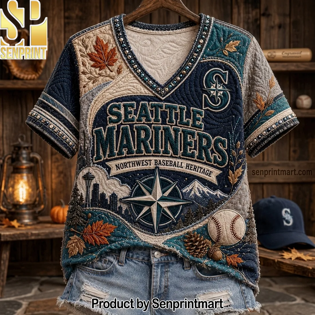 Seattle Mariners Northwest Baseball Heritage Quilted V-neck Shirt