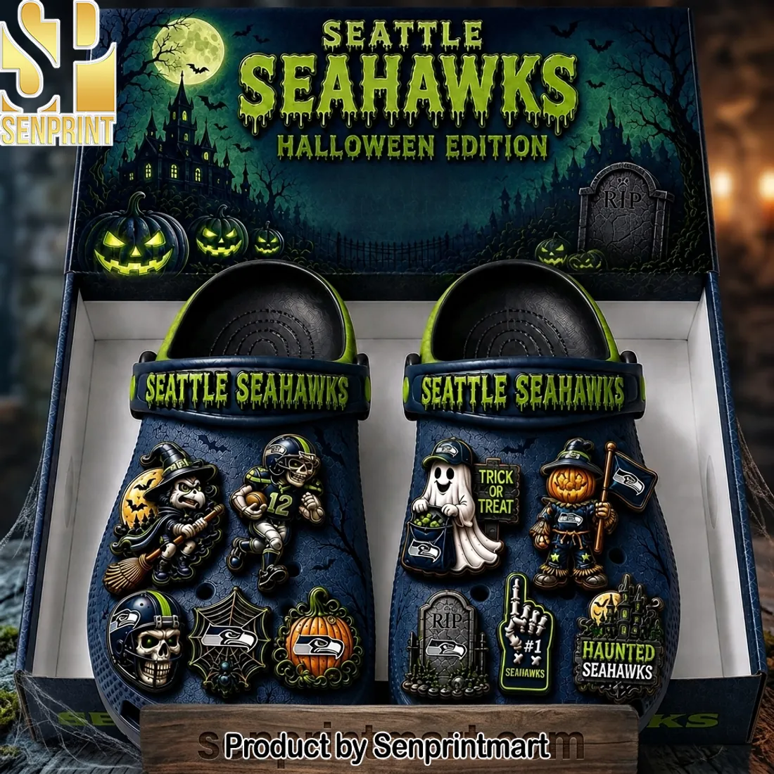 Seattle Seahawks Halloween Edition Custom 3D Charms Clogs