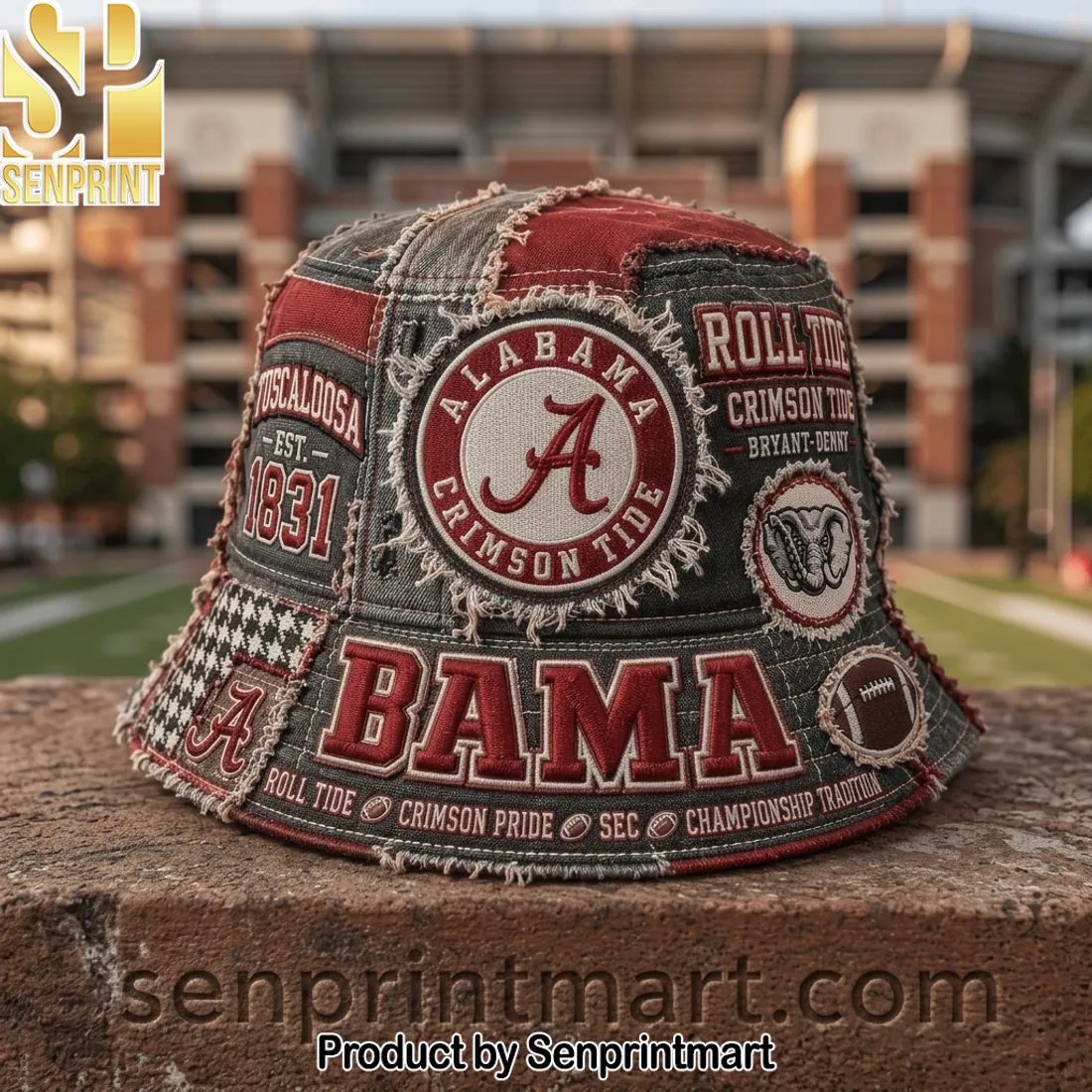 Alabama Crimson Tide Roll Tide Vintage Distressed Patchwork Bucket Hat