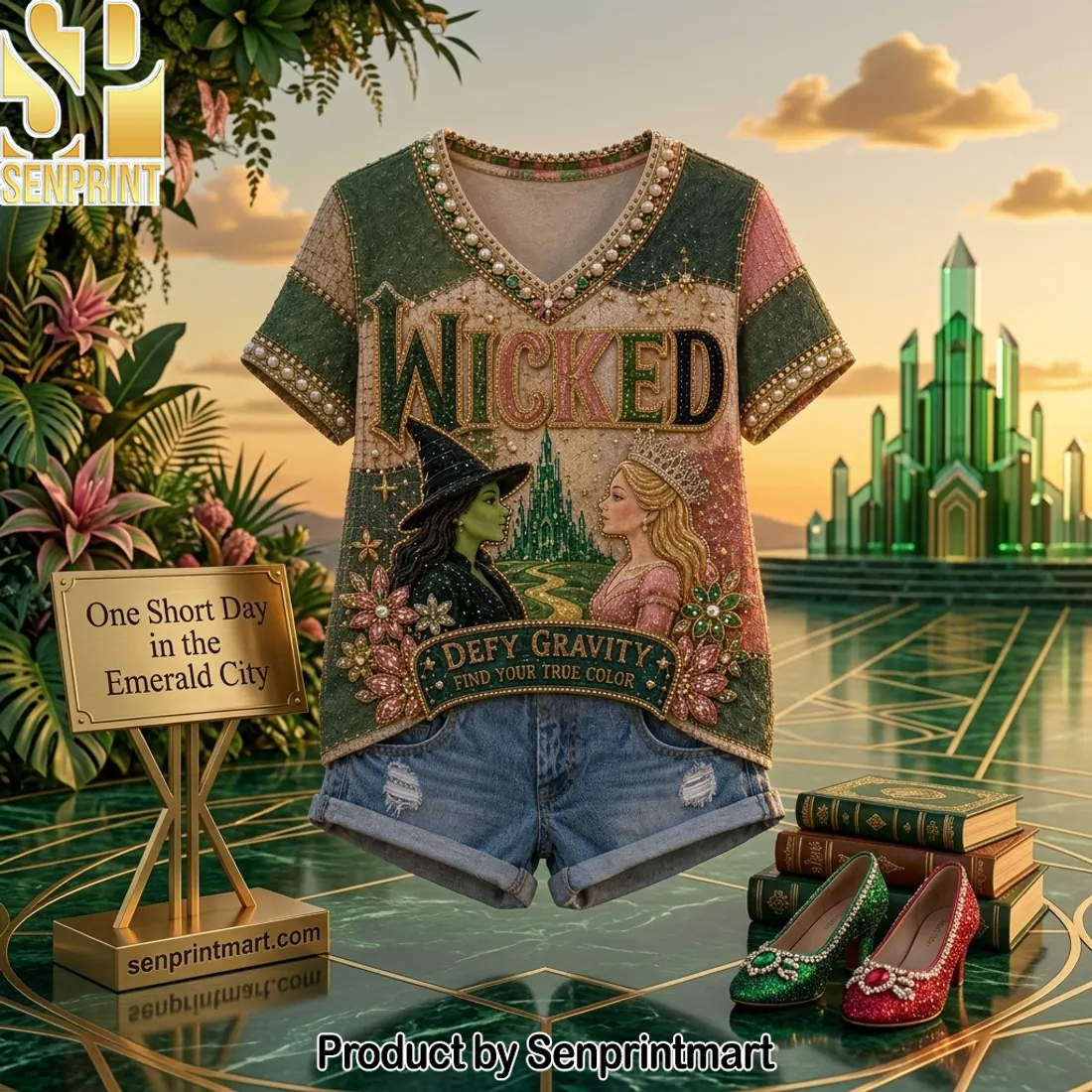 Wicked Musical Elphaba Glinda Defy Gravity Premium V-neck Shirt