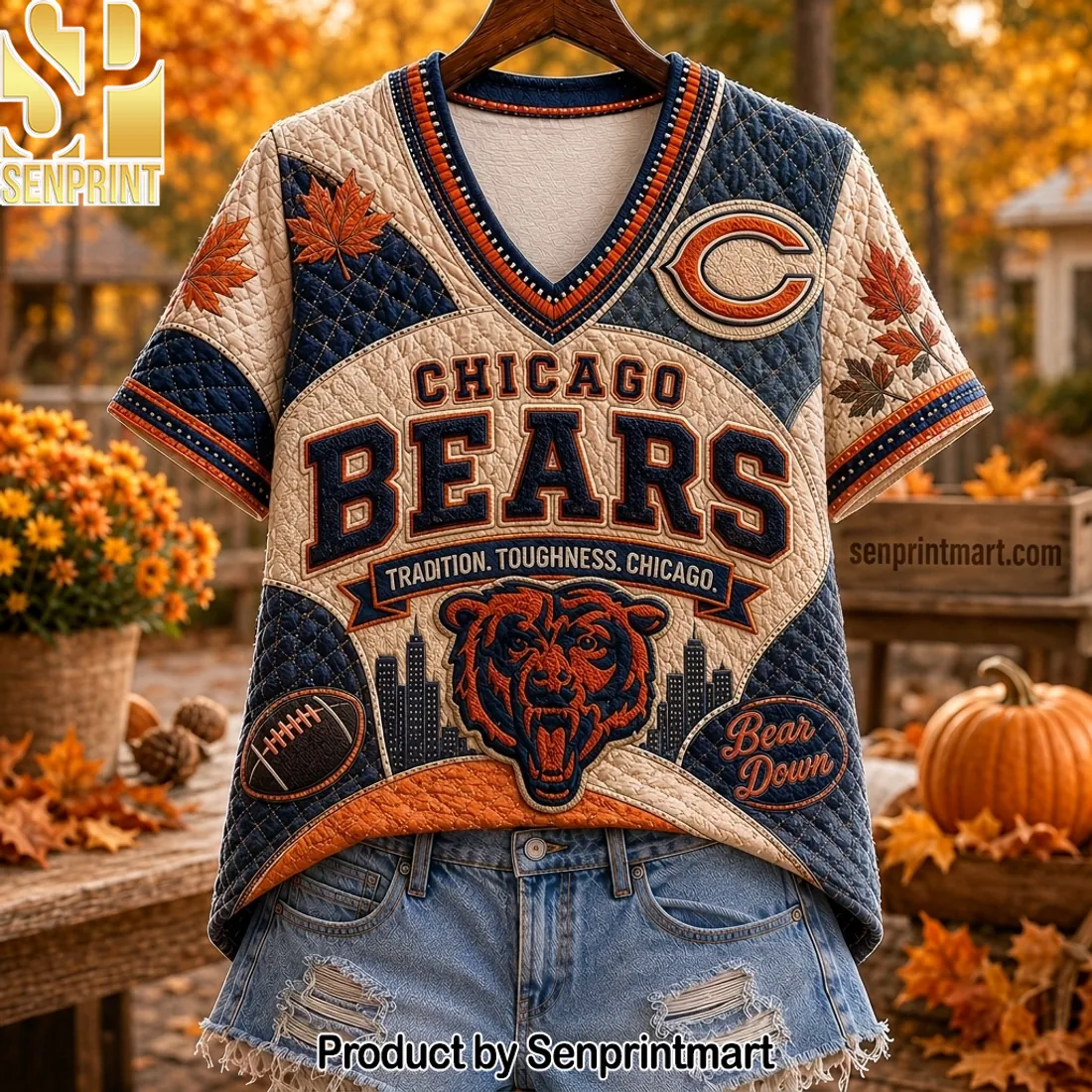Chicago Bears NFL Quilted Design V-Neck Shirt