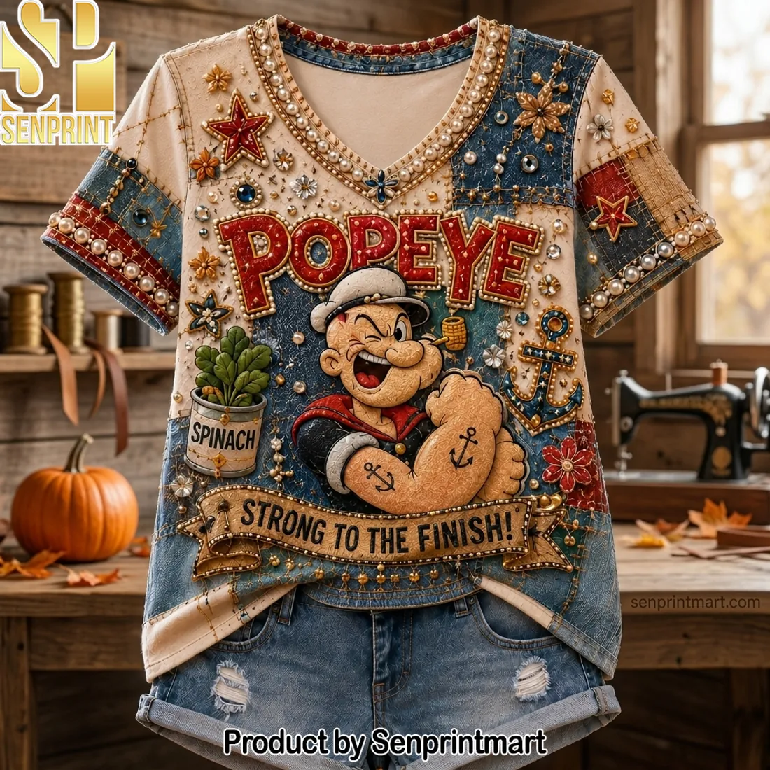 Popeye Strong to the Finish Premium Embellished V-Neck Shirt
