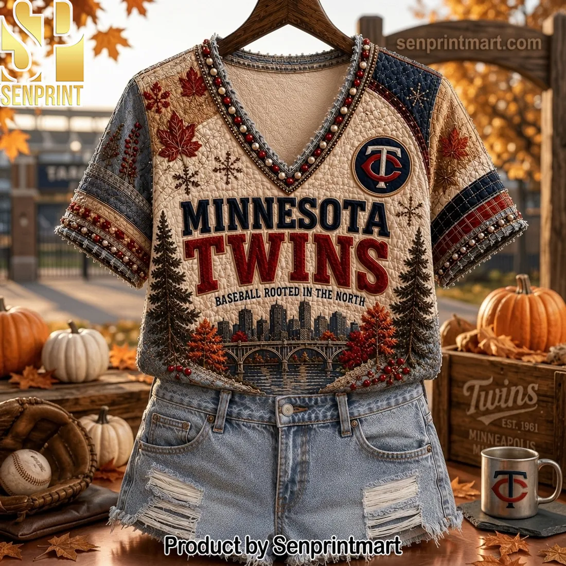 Minnesota Twins Baseball Rooted in the North Quilted V-neck Shirt