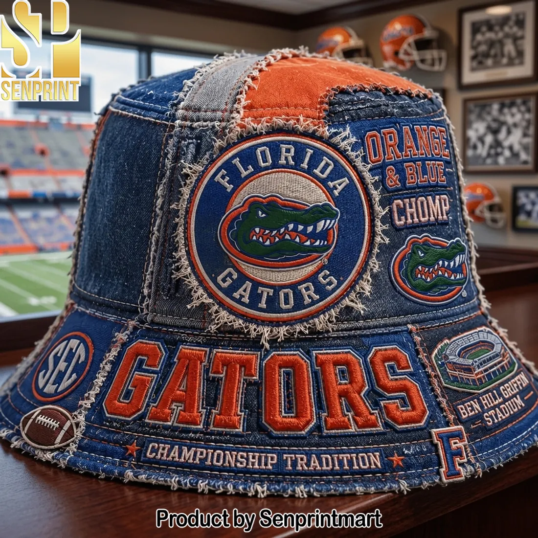 Florida Gators Orange & Blue Patchwork Denim Bucket Hat
