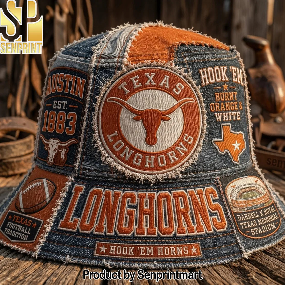 Texas Longhorns Hook Em Horns Vintage Denim Patchwork Bucket Hat
