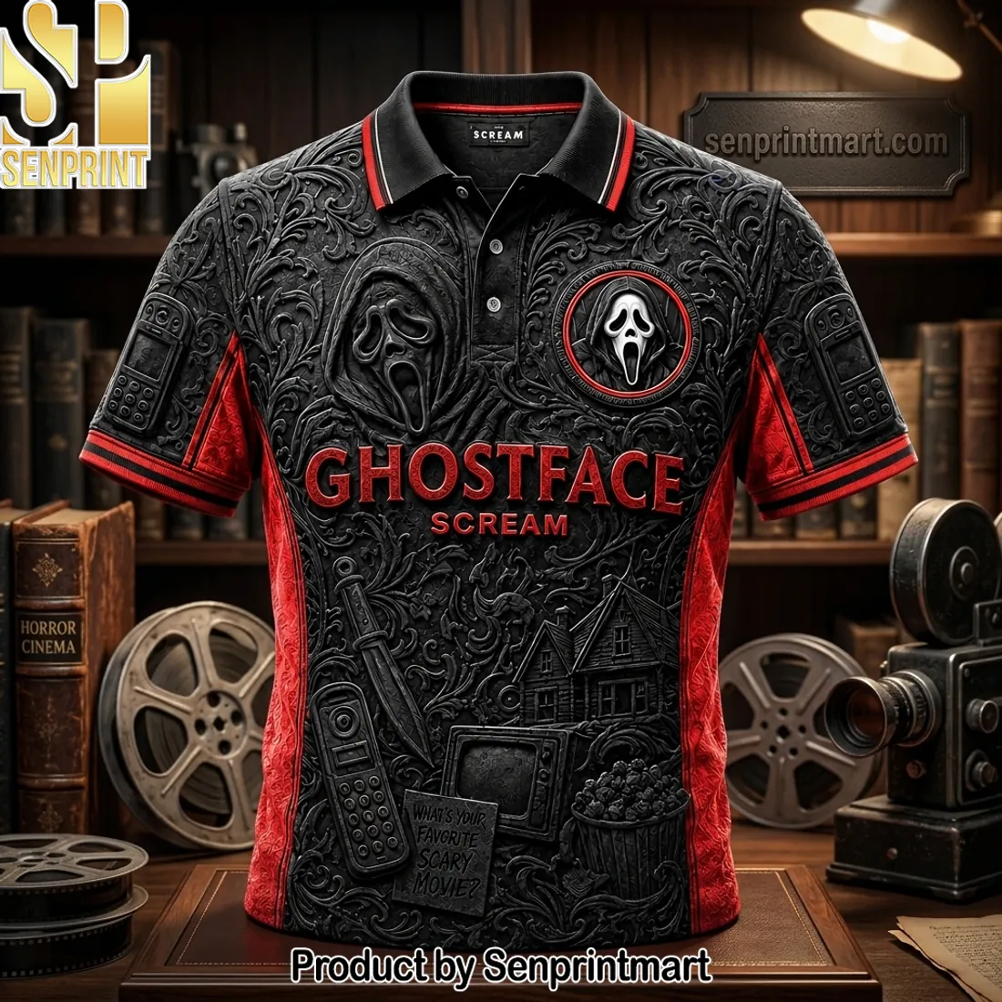 Ghostface Scream Horror Movie 3D Embossed Graphic Polo Shirt