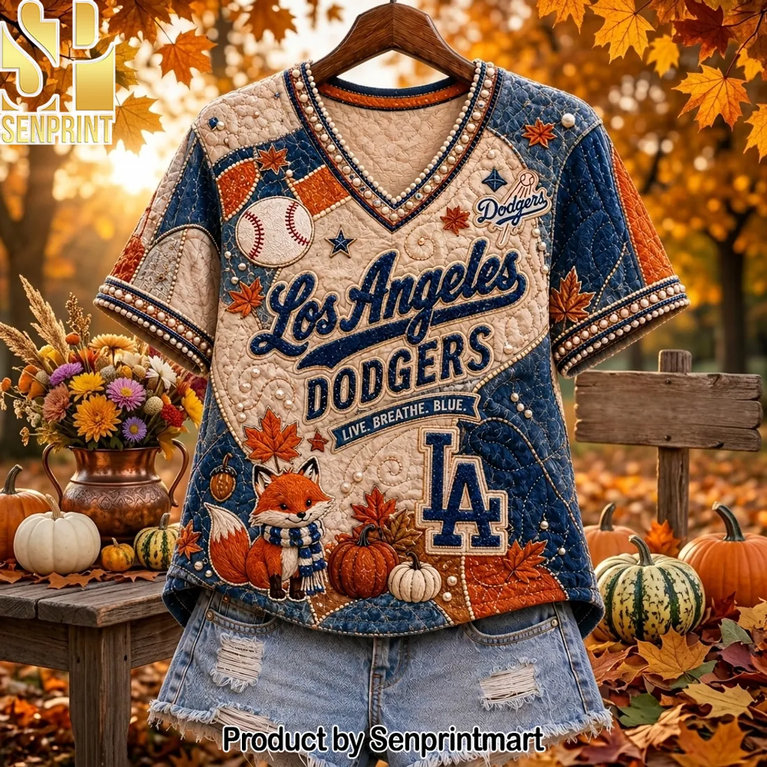 Los Angeles Dodgers Autumn Quilted Pearl V-Neck Shirt
