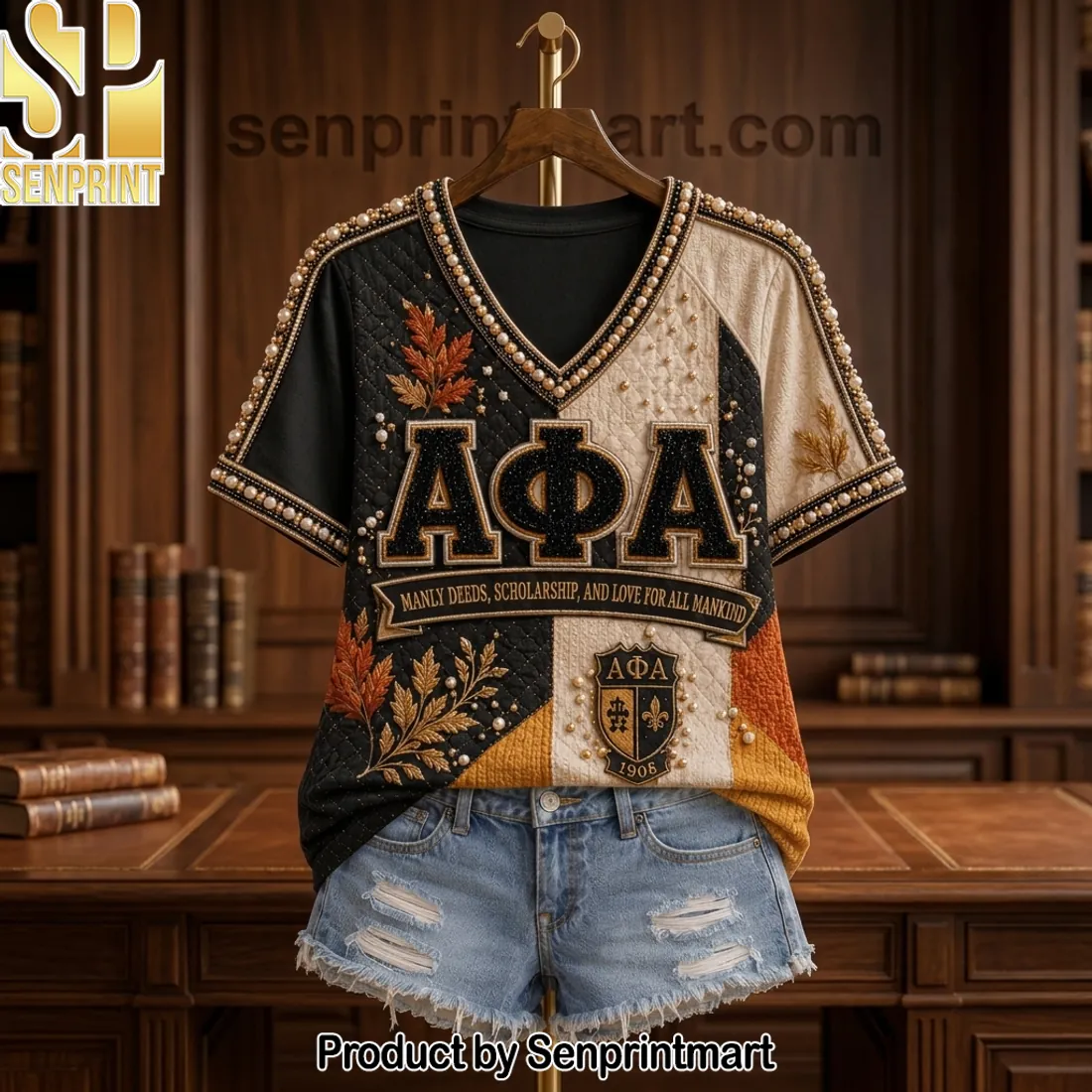 Alpha Phi Alpha “Manly Deeds” Beaded Quilted V-Neck Shirt