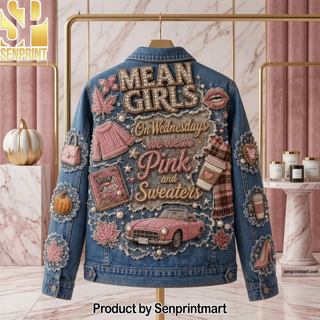 Mean Girls On Wednesdays We Wear Pink Embellished Denim Jacket