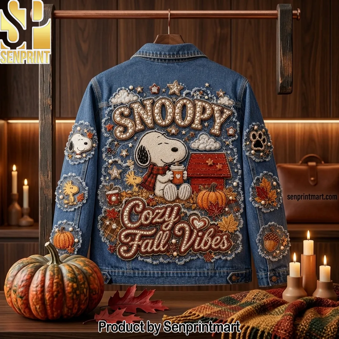 Snoopy Cozy Fall Vibes Pearl Embroidered Autumn Denim Jacket