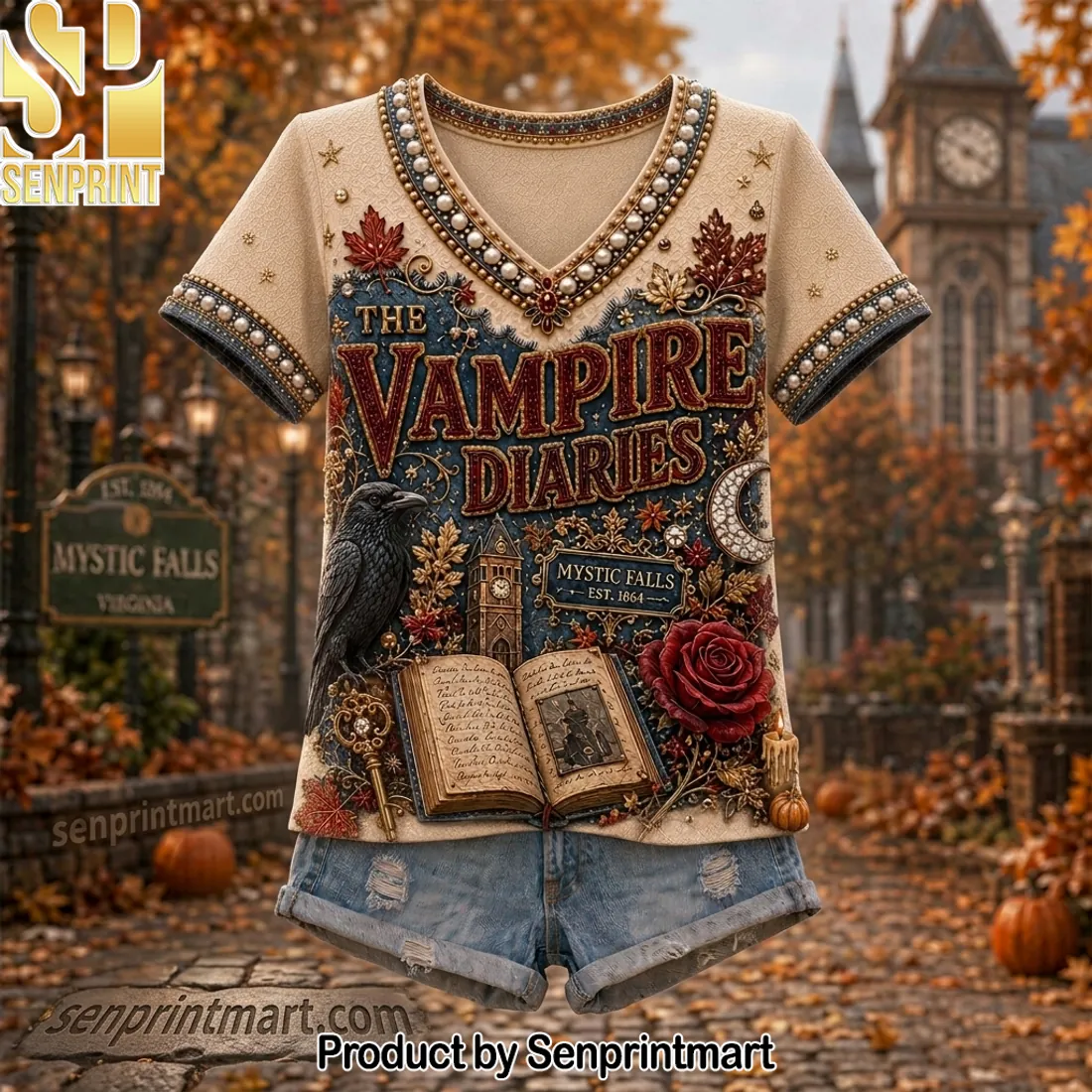 The Vampire Diaries Mystic Falls Vintage Gothic V-neck Shirt
