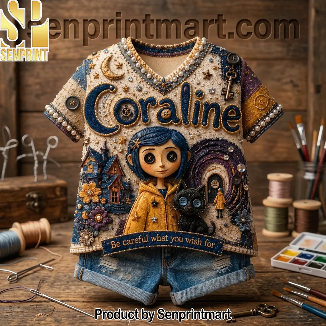Coraline ‘Be Careful What You Wish For’ Embroidered V-Neck Shirt